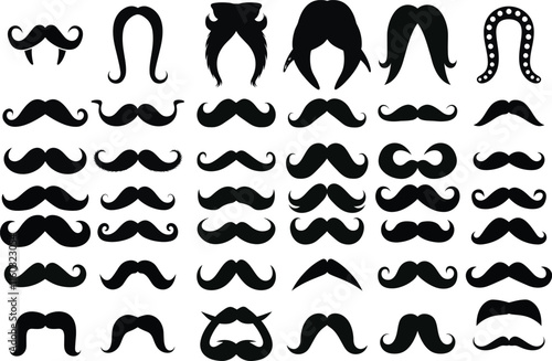 Mustache hipster icon set. Whisker icons. Flat black mustache icon collection. Different mustache. Vector Illustration
