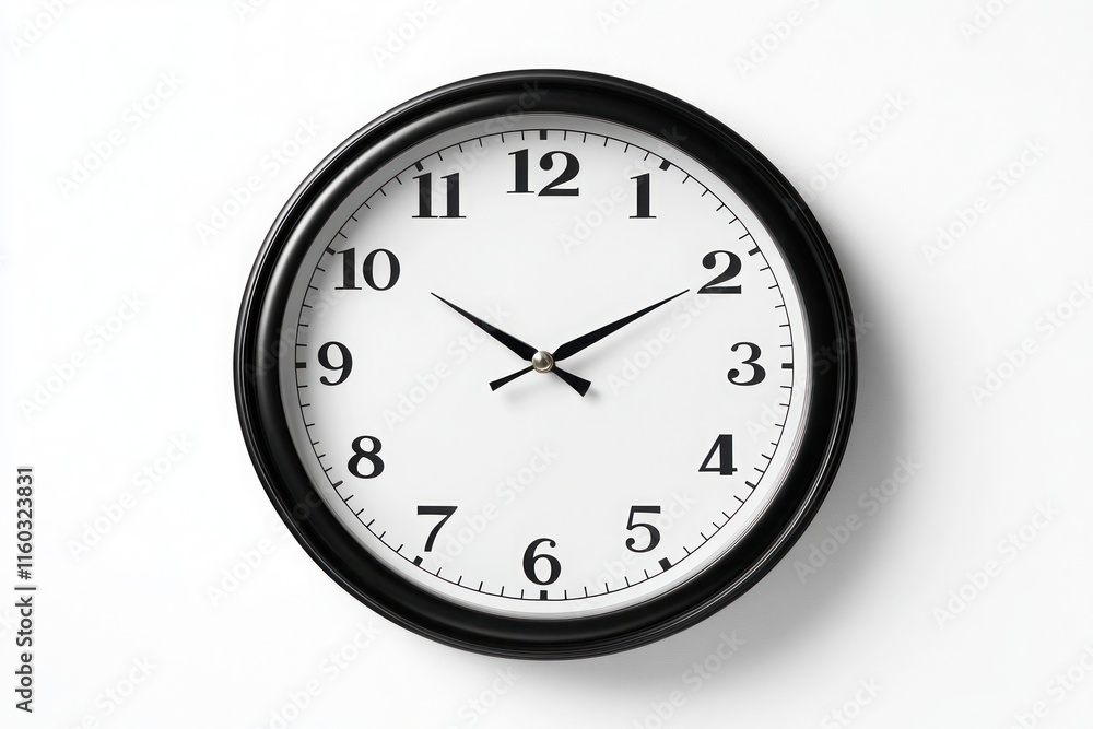 A classic analog clock with a plain black frame, placed centrally on a bright white background. A classic analog clock with a plain black frame, placed centrally on a bright white background.