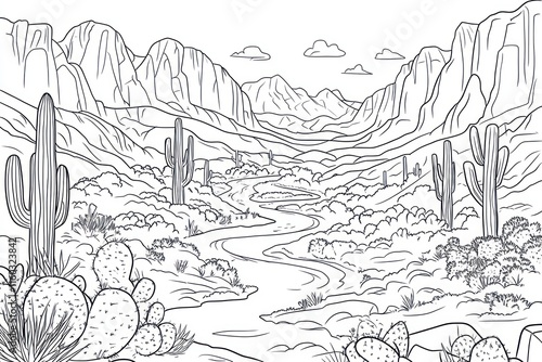 Line art desert landscape with cacti, mountains, and a winding river. photo