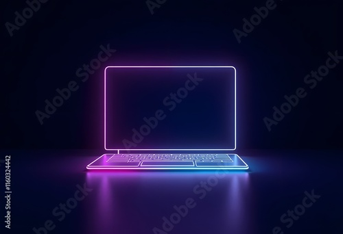 3d render laptop notebook electronic device isolated on ultra violet background, illuminated with neon light. Virtual reality. Futuristic technology concept. Digital illustration
