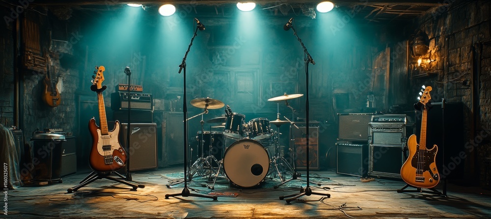 Garage band for rehearsal with spotlight. Music and song hobbies. Generative AI technology.