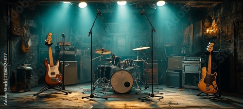 Obraz na płótnie Garage band for rehearsal with spotlight. Music and song hobbies. Generative AI technology.
w salonie