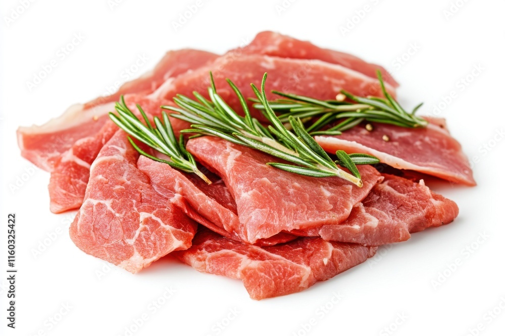 Fresh Raw Meat Slices with Rosemary and Peppercorns Ready for Cooking Delicious Meal Preparation Fresh Raw Meat Slices with Rosemary and Peppercorns Ready for Cooking Delicious Meal Preparation