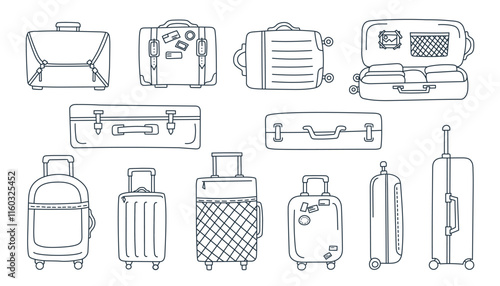Set of travel suitcases in line art style. Concept of travel, vacation, business trip. Vector hand drawn cliparts.