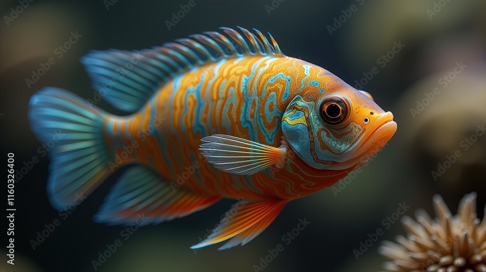 Fototapeta premium Bright orange fish with striped pattern underwater