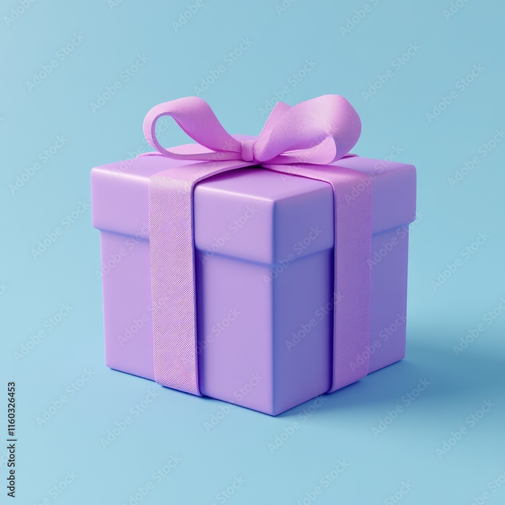 Obraz premium Lavender gift box with purple ribbon on light blue background.