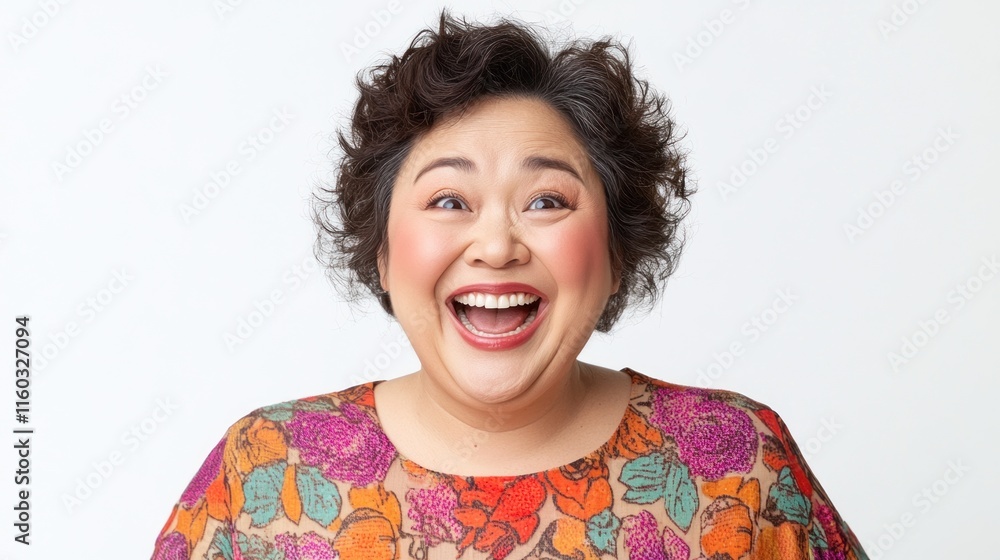 A detailed portrait of a cheerful plump Asian woman with a shocked happy face, middle-aged, wearing a colorful top, captured against a crisp white studio background. A detailed portrait of a cheerful plump Asian woman with a shocked happy face, middle-aged, wearing a colorful top, captured against a crisp white studio background.