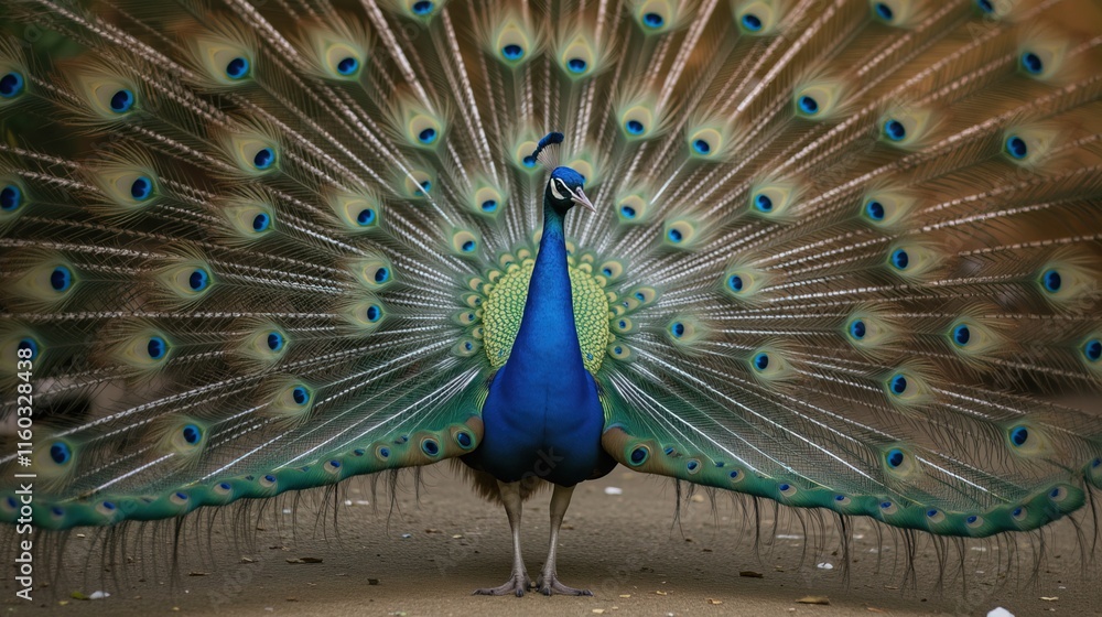 Fototapeta premium Peacock with fully spread feathers in lush greenery