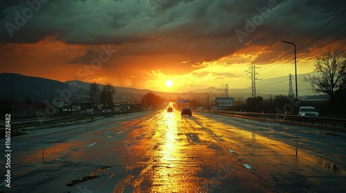 A sunset reflecting on a wet highway, with dramatic clouds and distant mountains.