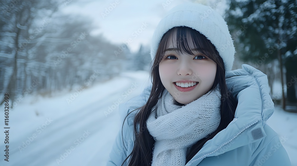 雪道で微笑む、白い帽子をかぶった日本人女性 雪道で微笑む、白い帽子をかぶった日本人女性