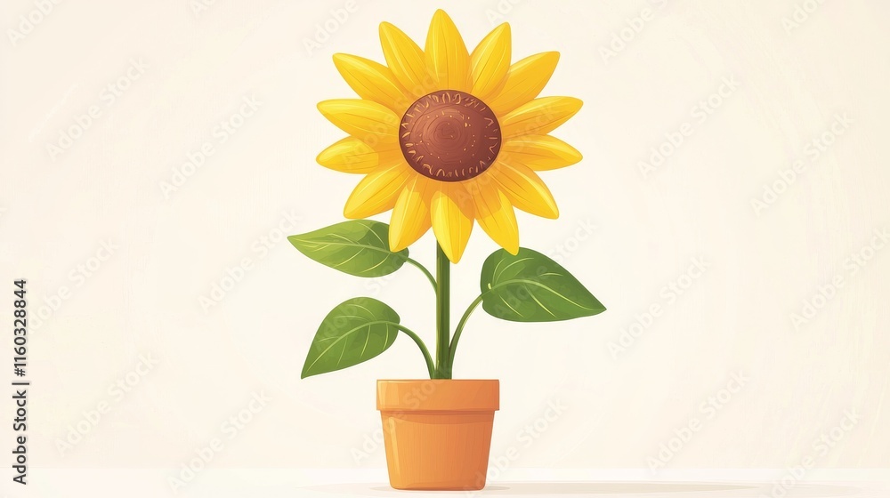Obraz premium A bright, cheerful sunflower in a terracotta pot, showcasing its vibrant yellow petals and green leaves against a pastel background.