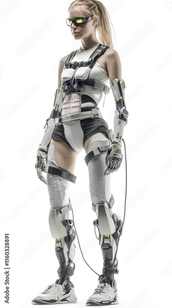 A futuristic female model with advanced robotic prosthetics, incorporating carbon fiber elements, hydraulic joints, and glowing interfaces, set against a white background. A futuristic female model with advanced robotic prosthetics, incorporating carbon fiber elements, hydraulic joints, and glowing interfaces, set against a white background.