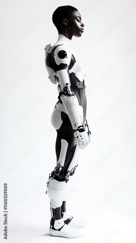 A futuristic model wearing prosthetic limbs with complex engineering, matte finishes, and bold mechanical aesthetics, standing proudly against a bright white background. A futuristic model wearing prosthetic limbs with complex engineering, matte finishes, and bold mechanical aesthetics, standing proudly against a bright white background.
