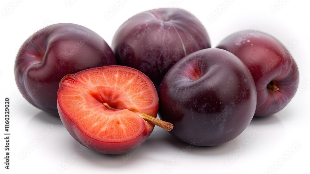 Ripe purple plums with halves revealing juicy interior. Ripe purple plums with halves revealing juicy interior.