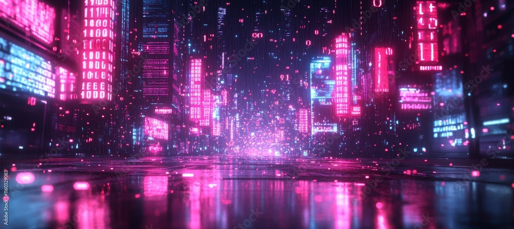 Naklejka premium Night metropolis cyberpunk futuristic city downtown area with neon light. Generative AI technology. 