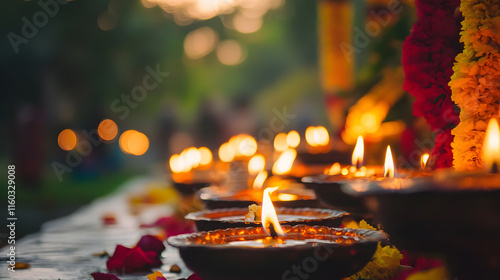 Elegant Diwali Festival Oil Lamps Glowing Amidst Vibrant Flowers During Evening Celebrations : Generative AI photo