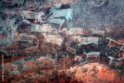 Madhya Pradesh, India, 12.10.2023: Bhimbetka Rock Shelters. Declared a UNESCO World Heritage, the shelters contain ancient rock art from the Upper Paleolithic to Medieval times.