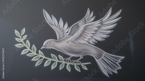 Chalk-drawn doves with olive branch on dark background. photo