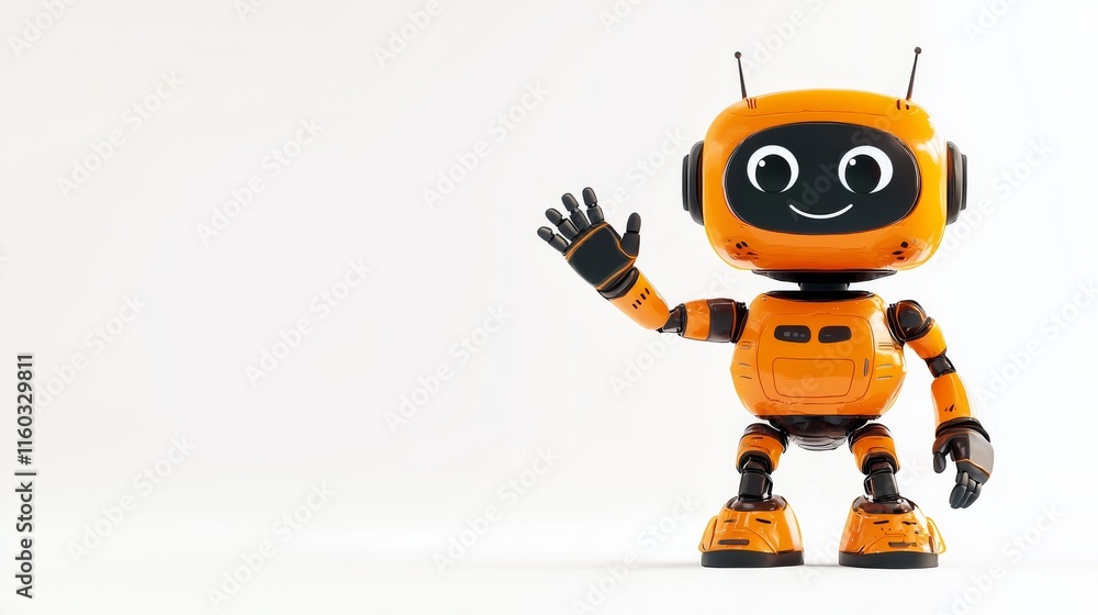 A cheerful orange robot with a friendly expression waves, showcasing a playful design against a minimalist background. A cheerful orange robot with a friendly expression waves, showcasing a playful design against a minimalist background.