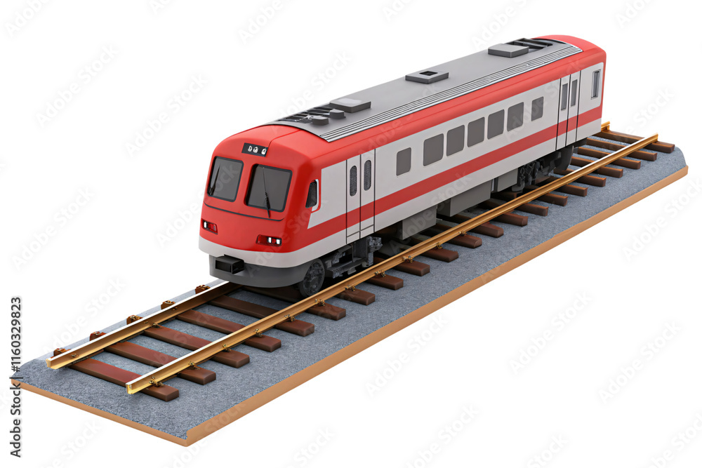 A modern red-and-white commuter train with a boxy design, operating on urban tracks, tailored for high-frequency passenger travel within cities, isolated on a transparent background A modern red-and-white commuter train with a boxy design, operating on urban tracks, tailored for high-frequency passenger travel within cities, isolated on a transparent background