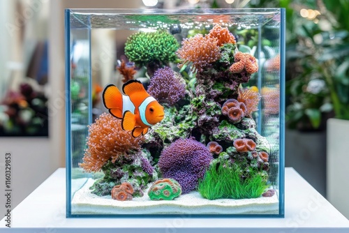 A colorful aquarium setup with active clownfish swimming among coral, showcased on a clean white table. photo