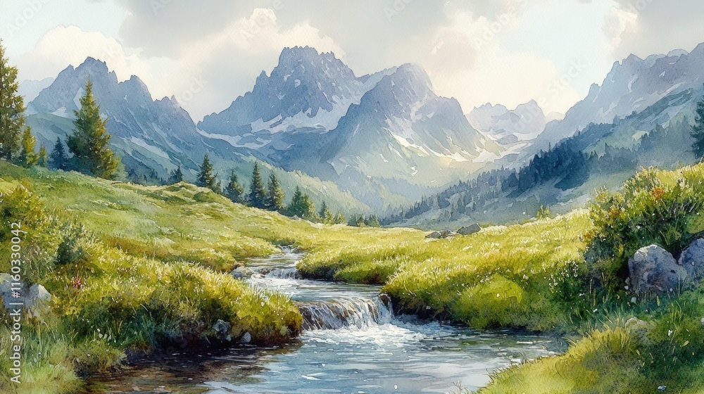 Serene mountain valley stream, watercolor landscape. Serene mountain valley stream, watercolor landscape.