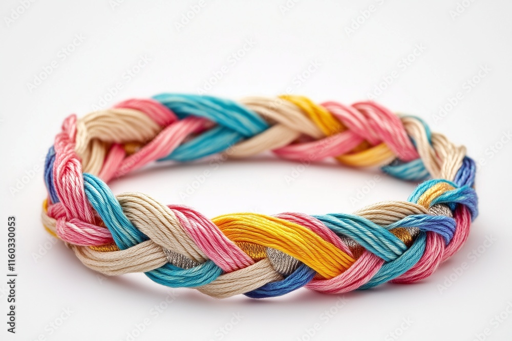 A colorful braided thread bracelet with metallic accents, arranged neatly on a smooth white backdrop. A colorful braided thread bracelet with metallic accents, arranged neatly on a smooth white backdrop.