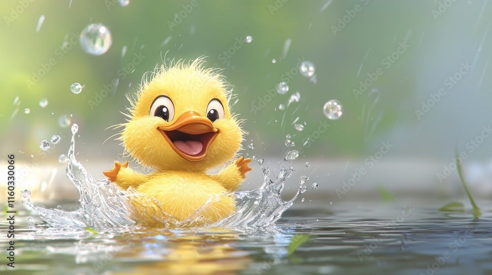 A cheerful yellow duckling splashes joyfully in clear water, surrounded by bubbles and soft greenery, creating a playful and lively scene. A cheerful yellow duckling splashes joyfully in clear water, surrounded by bubbles and soft greenery, creating a playful and lively scene.