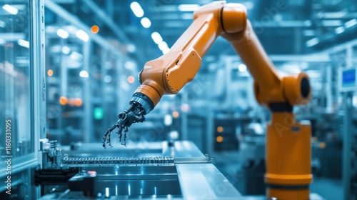 A high-tech robotic arm assembling precision components in a sleek industrial factory, showcasing cutting-edge machinery and modern technology. photo