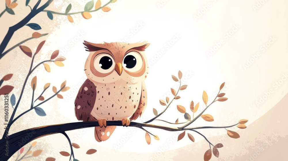 A whimsical, illustrated owl perched on a branch, surrounded by stylized leaves against a soft, light background.