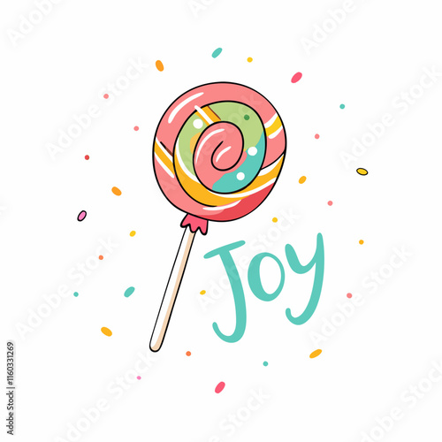  cheerful lollipop illustration with the word Joy in a fun,