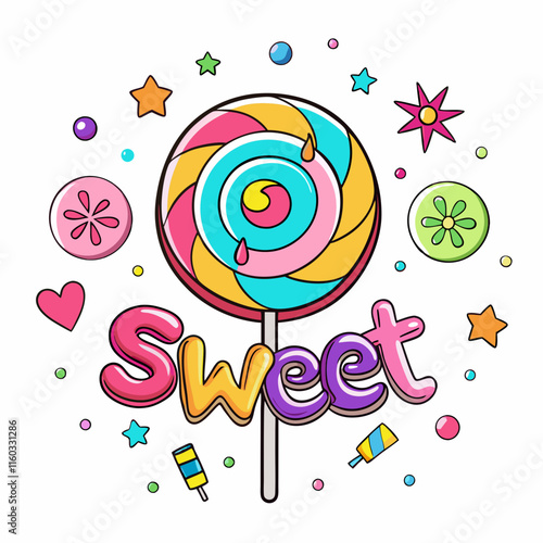 A colorful lollipop with the word Sweet in a playful, rounded font, surrounded by candy motifs.