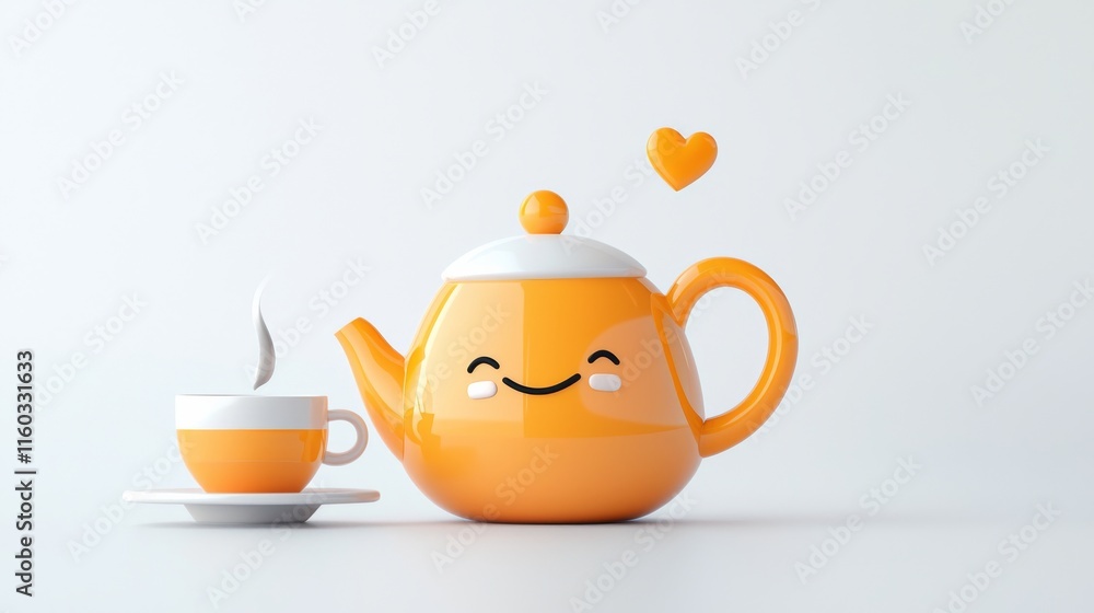 A cheerful orange teapot with a smiling face sits beside a cup, conveying a warm and playful mood. A cheerful orange teapot with a smiling face sits beside a cup, conveying a warm and playful mood.
