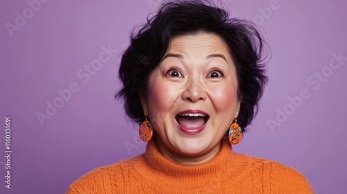 A lively close-up portrait of a middle-aged plump Asian woman with an ecstatic shocked face, wearing bold earrings and a casual sweater, set against a soft lavender backdrop. photo