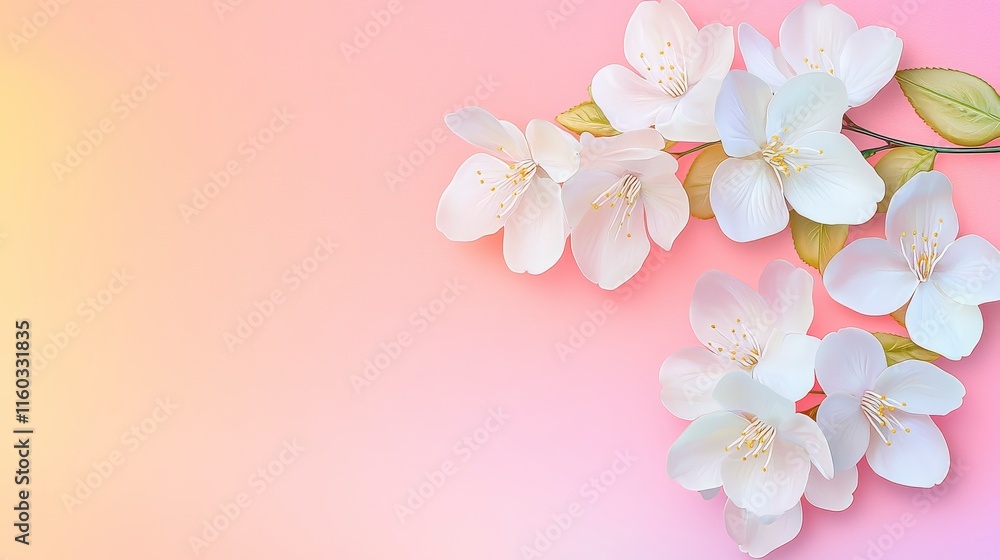 Delicate White Flowers on a Gradient Pink and Orange Background with Copy Space Delicate White Flowers on a Gradient Pink and Orange Background with Copy Space