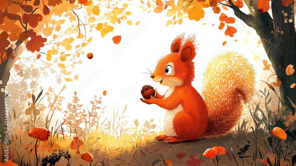 Naklejka premium A playful squirrel gathers acorns amidst vibrant autumn leaves, capturing the essence of fall's beauty and warmth.