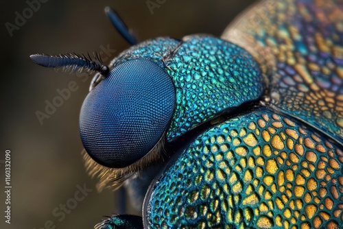 A close-up view of a bluebottle flyâ€™s textured wings and green metallic body in sharp focus against a blurred background.