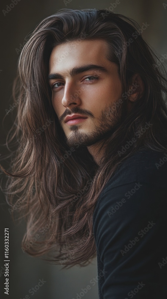 A men's hairstyle banner featuring a long, flowing hairstyle with natural waves, shot in 4K to emphasize the texture and movement of the hair, with a soft neutral background A men's hairstyle banner featuring a long, flowing hairstyle with natural waves, shot in 4K to emphasize the texture and movement of the hair, with a soft neutral background