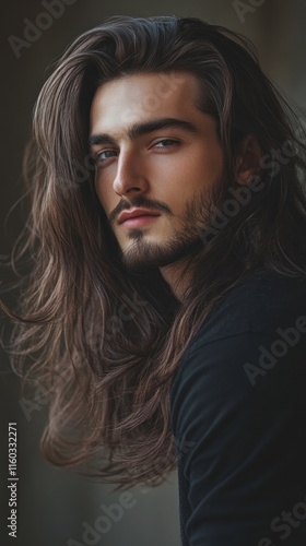 A men's hairstyle banner featuring a long, flowing hairstyle with natural waves, shot in 4K to emphasize the texture and movement of the hair, with a soft neutral background