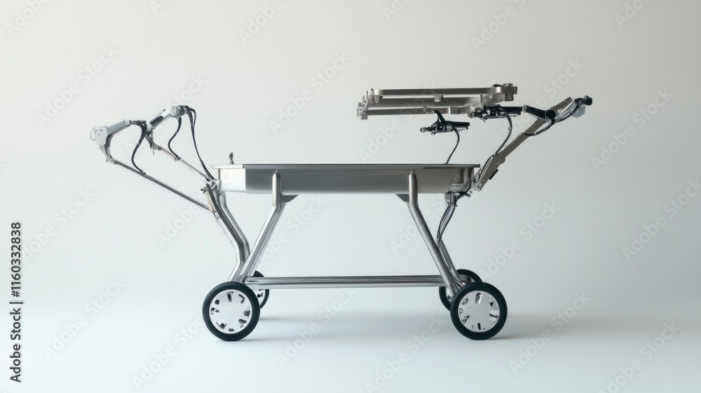 A modern cart with articulated robotic arms, a polished titanium frame, and futuristic design elements, emphasizing innovation on a minimalist white backdrop. A modern cart with articulated robotic arms, a polished titanium frame, and futuristic design elements, emphasizing innovation on a minimalist white backdrop.