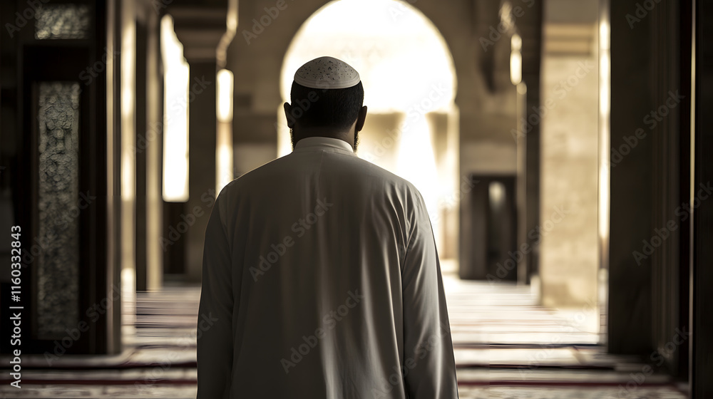 Naklejka premium Person in Righteous Contemplation Walking in Historic Mosque Hallway : Generative AI