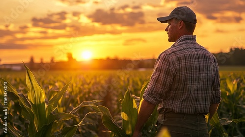 Dedicated farmer inspecting thriving corn crops during vibrant sunset in expansive rural agricultural field