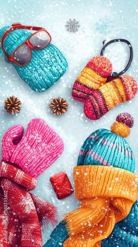 A playful winter fashion banner showcasing colorful mittens, scarves, and earmuffs on a snowy background. photo