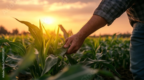 Dedicated farmer inspecting thriving corn crops during vibrant sunset in expansive rural agricultural field