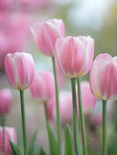 Delicate Pink Tulips in Bloom with Soft Focus and Natural Sunlight in a Spring Garden Setting : Generative AI