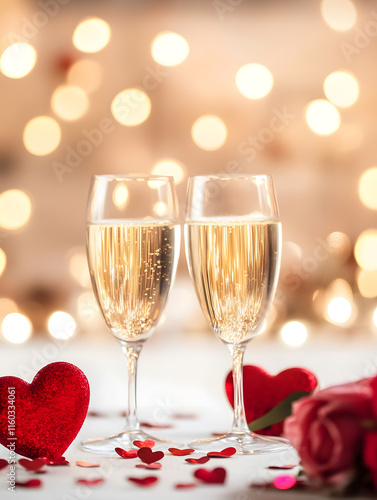 Two Champagne Glasses with Red Hearts and Rose for Valentine's Day : Generative AI photo