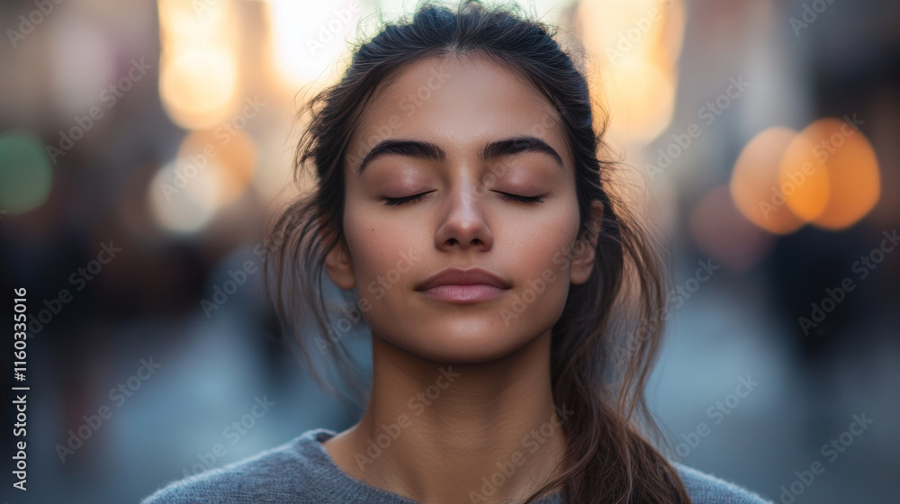serene woman with closed eyes, enjoying moment of peace in bustling city. soft bokeh background enhances tranquil atmosphere serene woman with closed eyes, enjoying moment of peace in bustling city. soft bokeh background enhances tranquil atmosphere