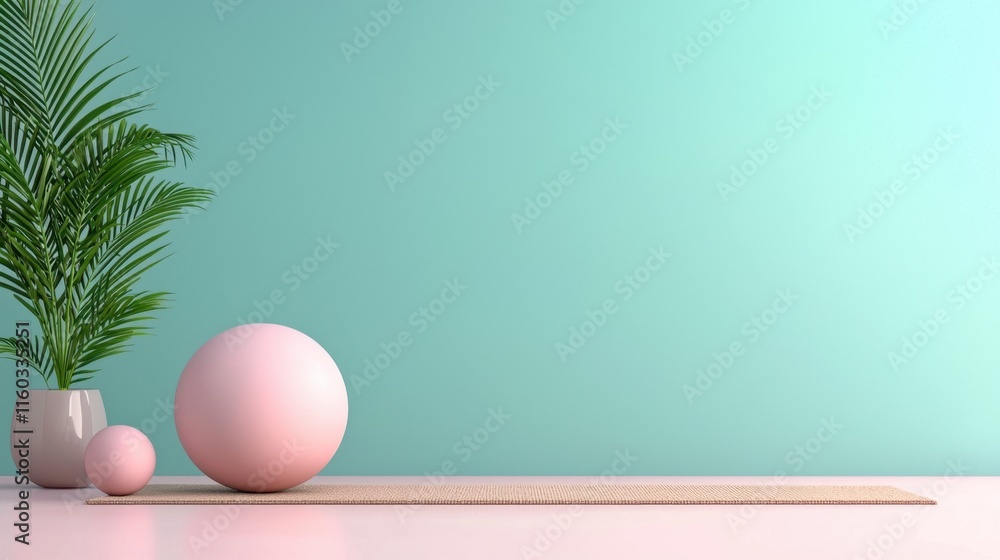 Fototapeta premium A minimalist scene featuring pastel-colored spheres and greenery against a soft turquoise background, creating a serene and modern aesthetic.