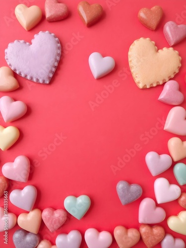 Valentines Day shaped candy border on red paper background