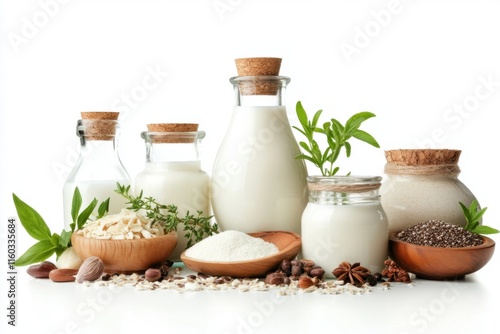 A collection of milk jars and bowls filled with various grains and seeds, surrounded by fresh herbs, showcasing a healthy and natural theme. photo